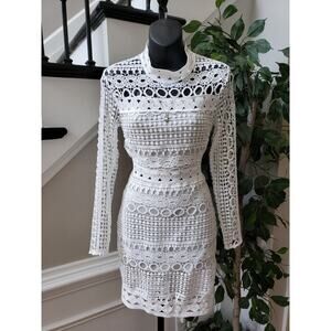 Bolaiya Sheath Dress Womens Small White Hollow Out Lace Long Sleeve Mock Neck